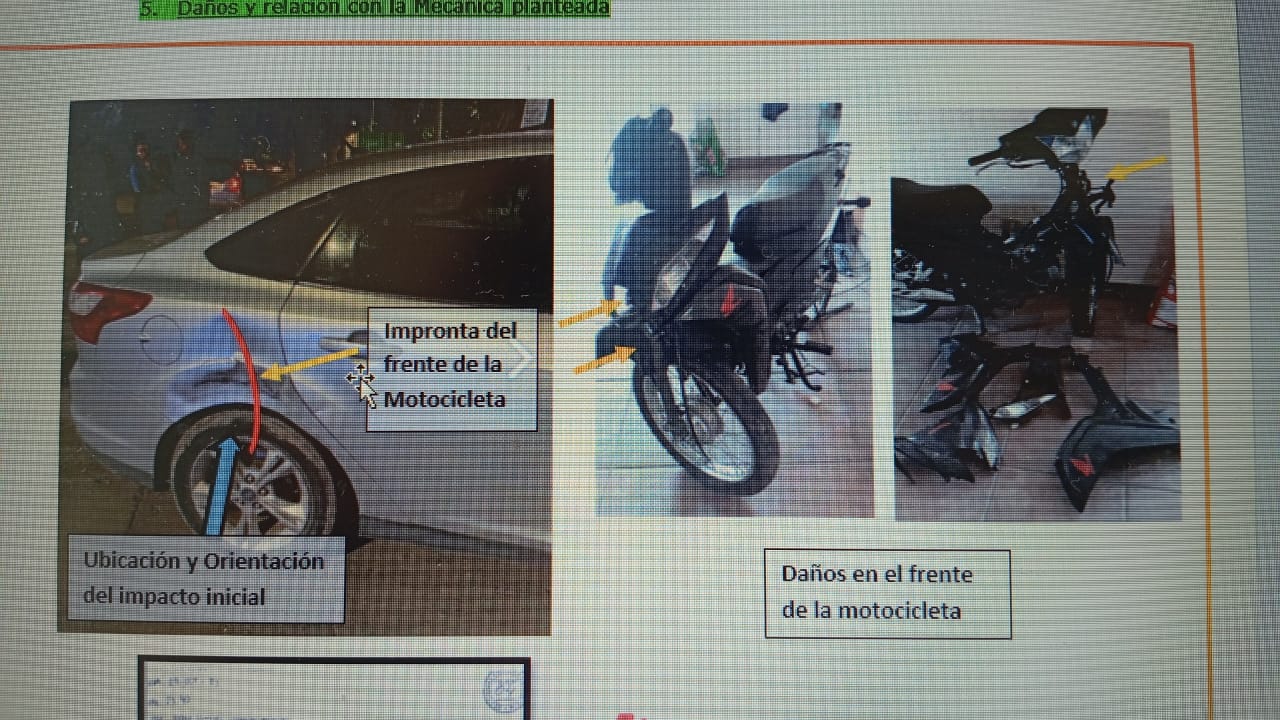 Fotografías de un automóvil y una motocicleta con anotaciones sobre daños y ubicación del impacto.