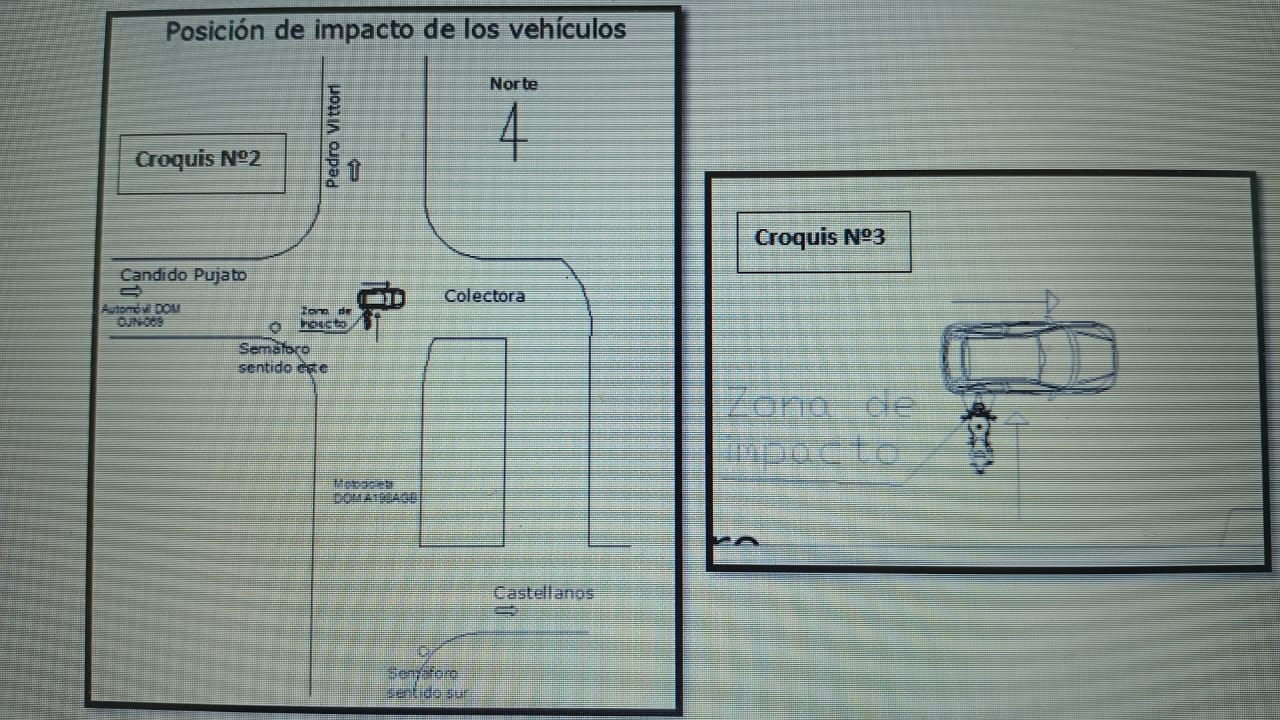 Croquis de un informe con la posición de los vehículos y la zona de impacto.