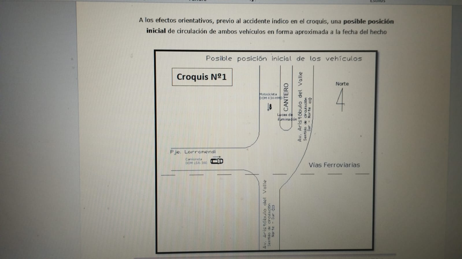 Croquis de un informe que representa una posible posición inicial de los vehículos.