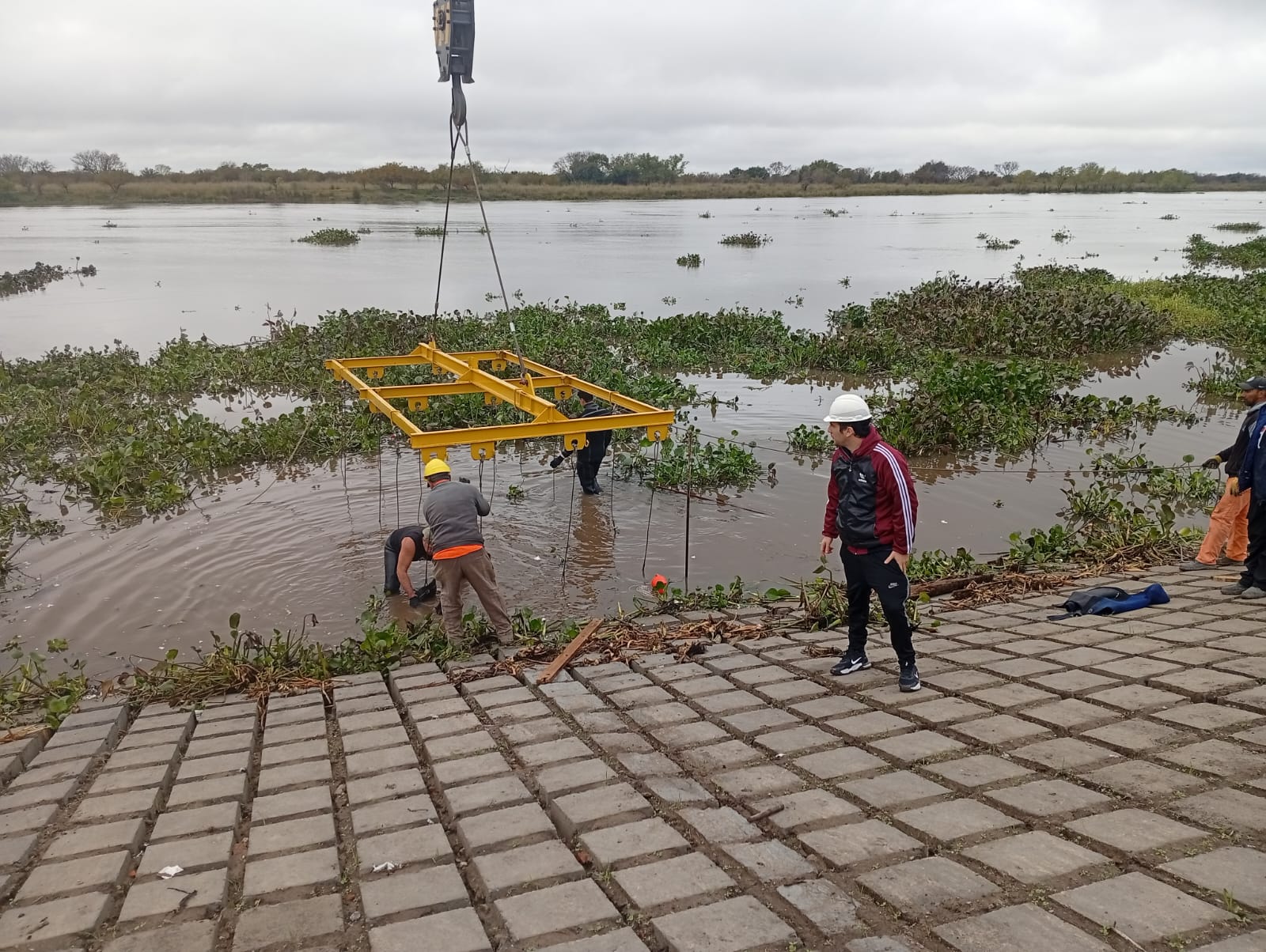 Equipo de trabajo junto a un dispositivo amarillo de izaje suspendido sobre la ribera.